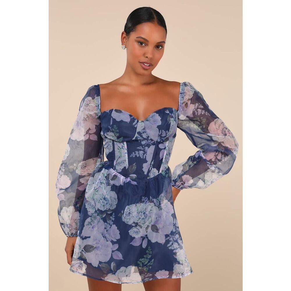 NWT Lulus Positively Enchanting Blue Floral Organza Bustier Mini Dress Sz M - Picture 9 of 9